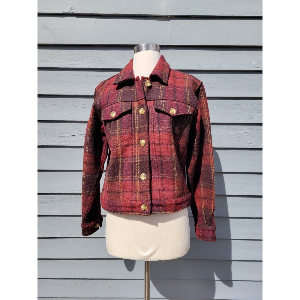 Vintage Fargo Clothing & Supply Wool Blend Plaid Trucker Jacket Red Burgundy Med